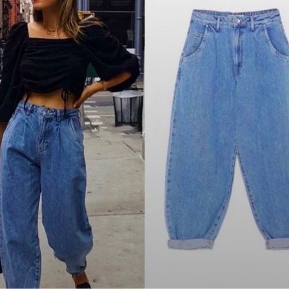 💙 Zara 💙 Slouchy High-waisted Balloon Style Light Blue Denim Jeans size 2 - Picture 1 of 11